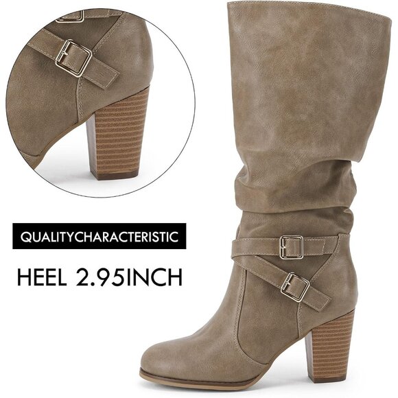 Women Chocolate Mid Knee High Boot Chunky Heel Slouchy Metal Buckle Winter Shoes - Picture 3 of 7